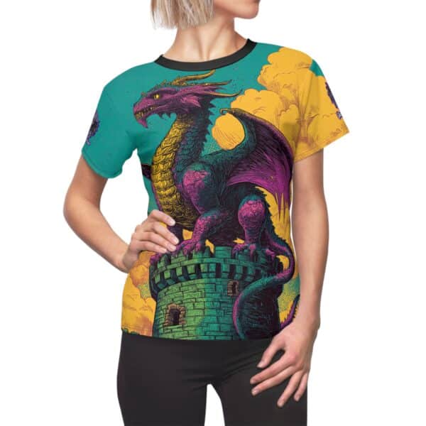 Dragon Guarding Castle Tower 60's Pop Art Style Women's Tee (AOP) - Image 8