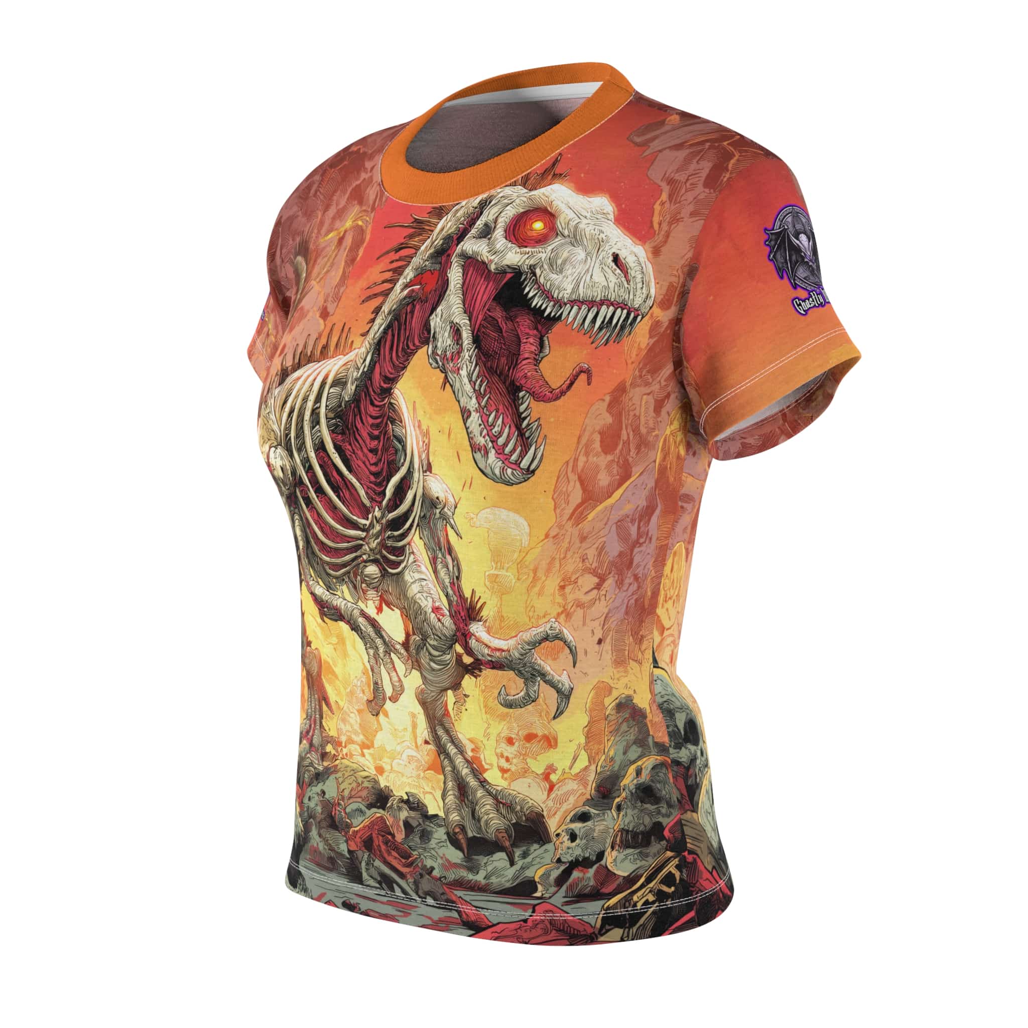Zombie Raptor Velociraptor In Volcanic Wasteland Tee Women's (AOP) - Image 3