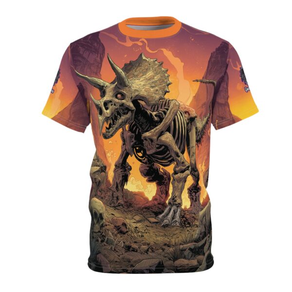 Skeletal Zombie Triceratops In Volcanic Wasteland Tee Unisex (AOP) - Image 21