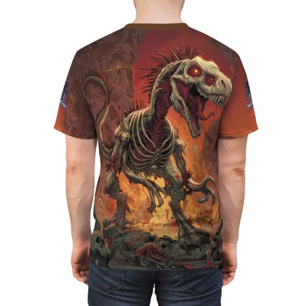 Zombie Raptor Velociraptor In Volcanic Wasteland Tee Unisex (AOP) - Image 12