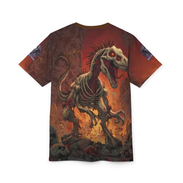 Zombie Raptor Velociraptor In Volcanic Wasteland Tee Unisex (AOP) - Image 8