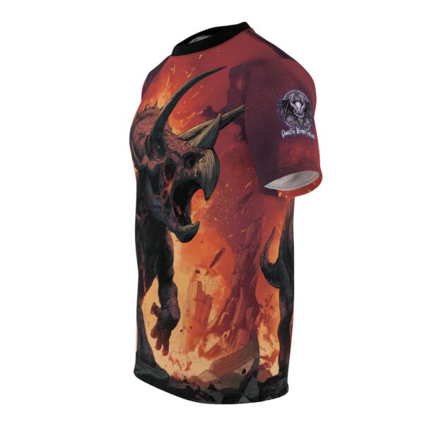 Zombie Triceratops In Volcanic Wasteland Tee Unisex (AOP) - Image 3