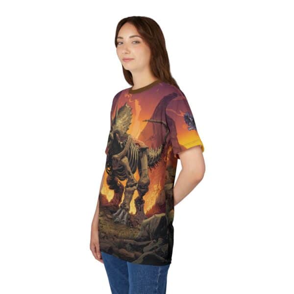 Skeletal Zombie Triceratops In Volcanic Wasteland Tee Unisex (AOP) - Image 18