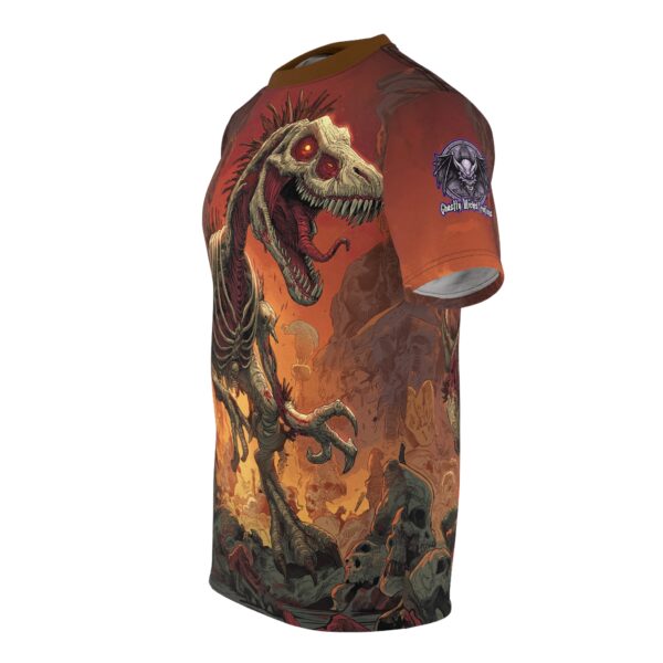 Zombie Raptor Velociraptor In Volcanic Wasteland Tee Unisex (AOP) - Image 3