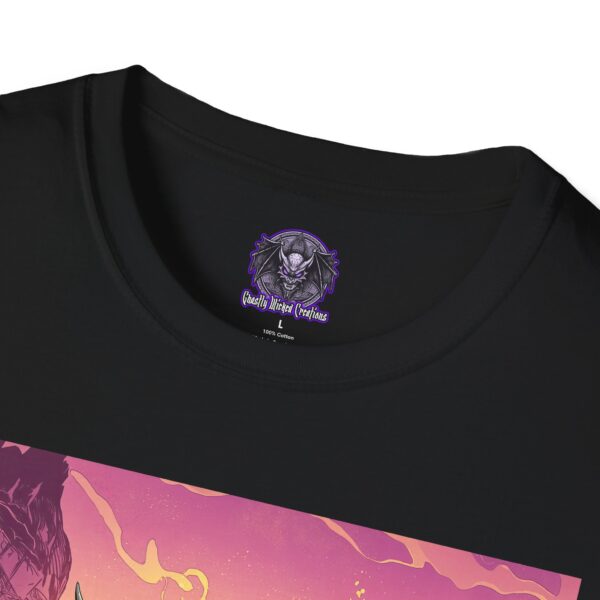 Skeletal Zombie Triceratops In Volcanic Wasteland Unisex T-Shirt - Image 3