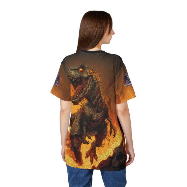 Zombie T-Rex Tyrannosaurus In Volcanic Wasteland Tee Unisex (AOP) - Image 14