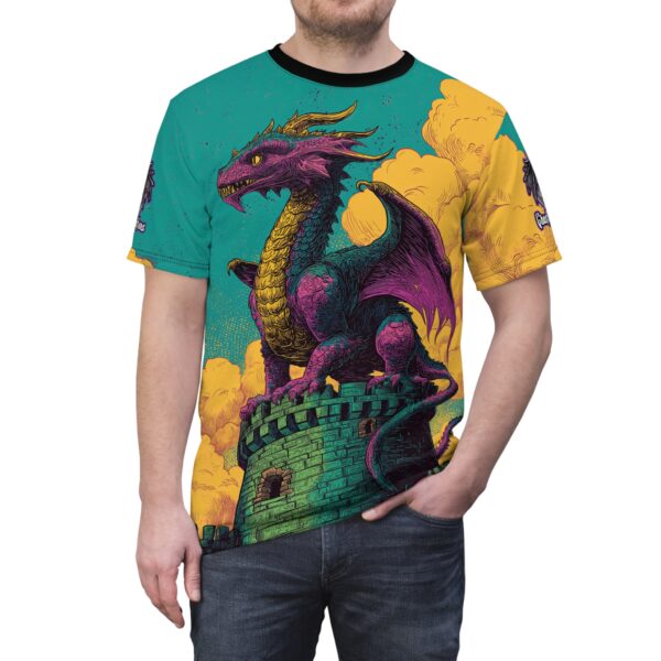 Dragon Guarding Castle Tower 60's Pop Art Style Unisex Tee (AOP) - Image 9