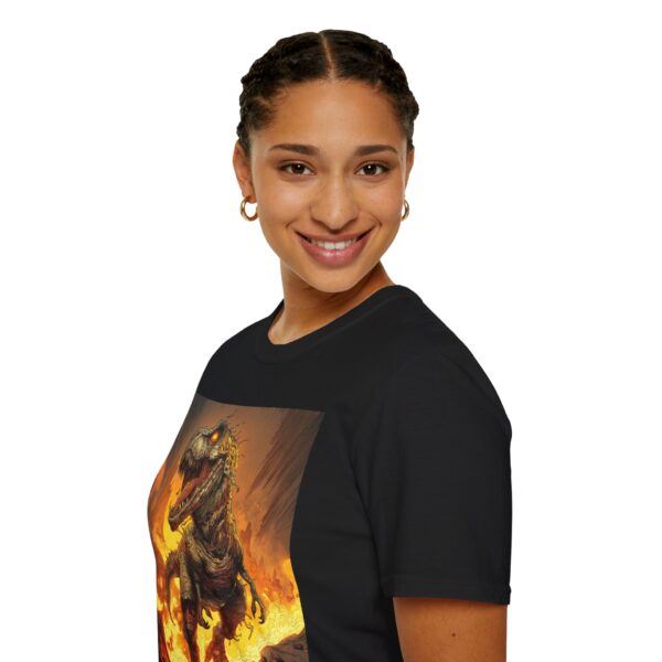 Zombie T-Rex Tyrannosaurus In Volcanic Wasteland Unisex T-Shirt - Image 7