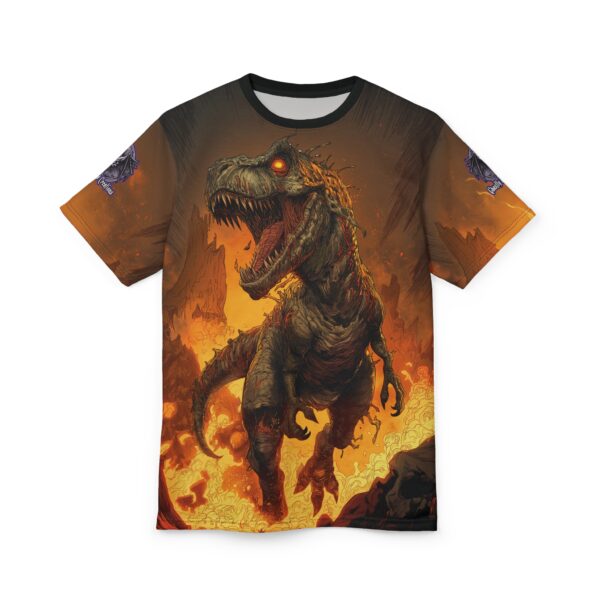 Zombie T-Rex Tyrannosaurus In Volcanic Wasteland Tee Unisex (AOP) - Image 6