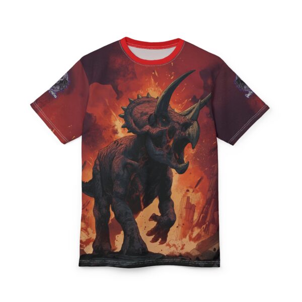Zombie Triceratops In Volcanic Wasteland Tee Unisex (AOP) - Image 29