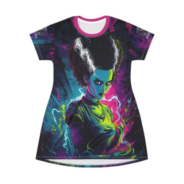 Bride Of Frankenstein Pop 60’s Art Style Gothic Vibe T-Shirt Dress, Colorful Casual Wear, Unique Party Outfit, Gift for Halloween, Trendy Fashion for Superfans - Image 2