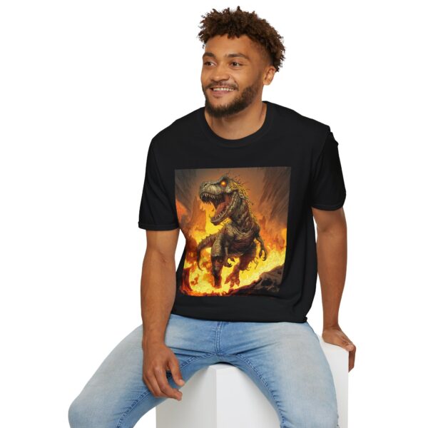 Zombie T-Rex Tyrannosaurus In Volcanic Wasteland Unisex T-Shirt - Image 5