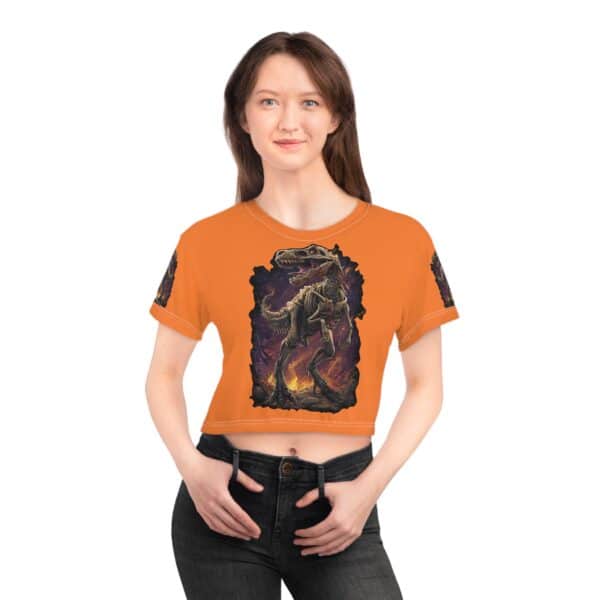 Skeletal T-Rex Graphic Crop Tee, Tyrannosaurus,  Fun Summer Women's Top, Dino Lover Gift, Adventure Style Tee (AOP) - Image 7