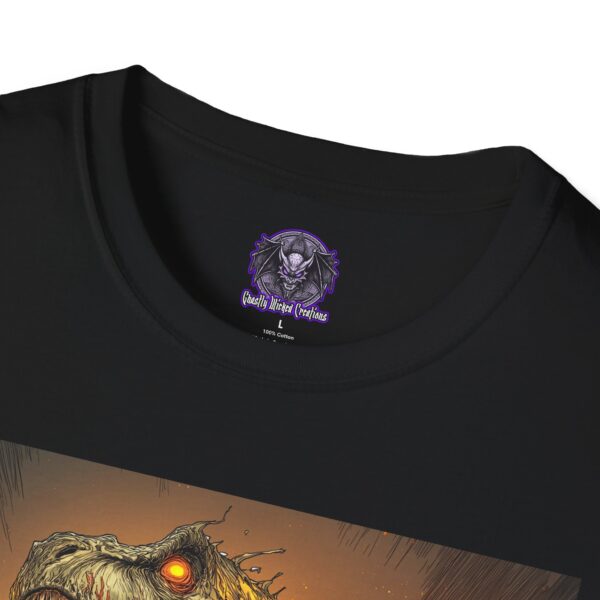 Zombie T-Rex Tyrannosaurus In Volcanic Wasteland Unisex T-Shirt - Image 3