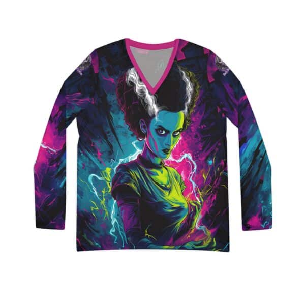 Bride Of Frankenstein Pop 60's Art Style Women's Long Sleeve V-neck Shirt (AOP) - Image 2
