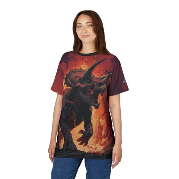Zombie Triceratops In Volcanic Wasteland Tee Unisex (AOP) - Image 11