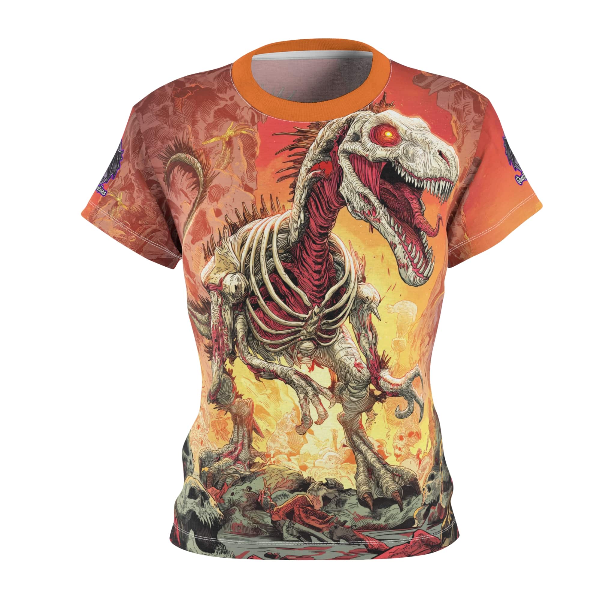 Zombie Raptor Velociraptor In Volcanic Wasteland Tee Women's (AOP) - Image 2