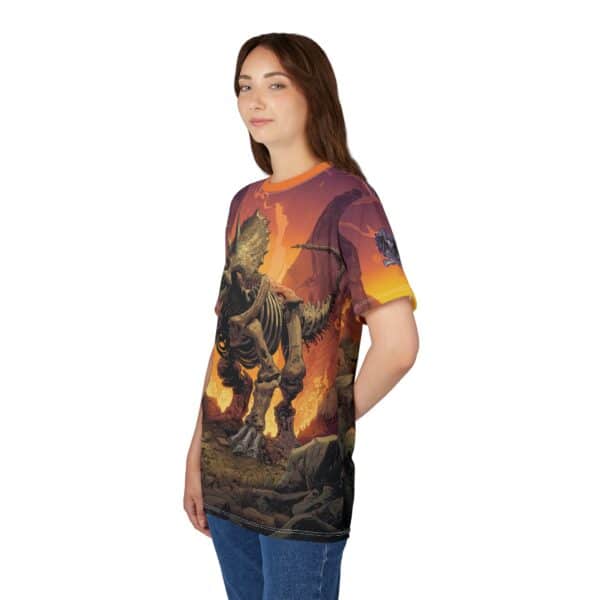 Skeletal Zombie Triceratops In Volcanic Wasteland Tee Unisex (AOP) - Image 38