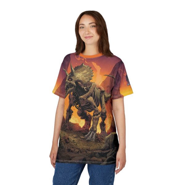 Skeletal Zombie Triceratops In Volcanic Wasteland Tee Unisex (AOP) - Image 31