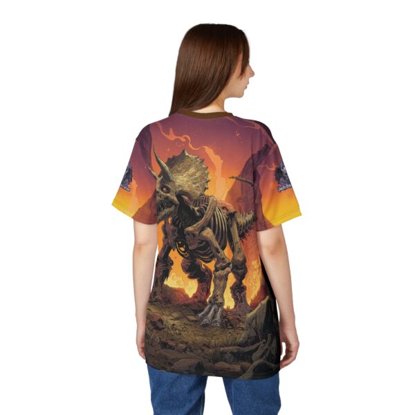 Skeletal Zombie Triceratops In Volcanic Wasteland Tee Unisex (AOP) - Image 14