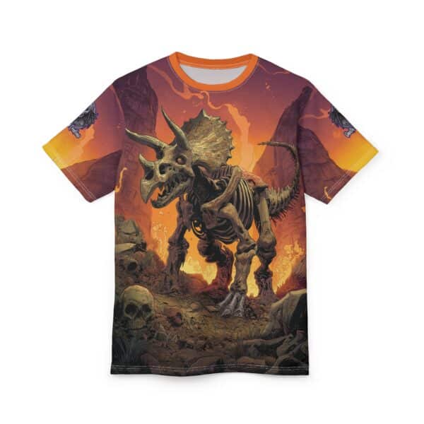 Skeletal Zombie Triceratops In Volcanic Wasteland Tee Unisex (AOP) - Image 29