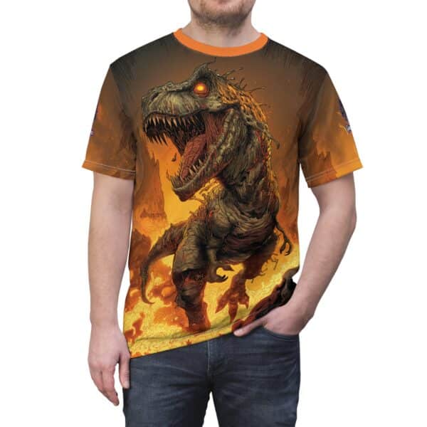 Zombie T-Rex Tyrannosaurus In Volcanic Wasteland Tee Unisex (AOP) - Image 26
