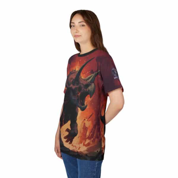 Zombie Triceratops In Volcanic Wasteland Tee Unisex (AOP) - Image 18