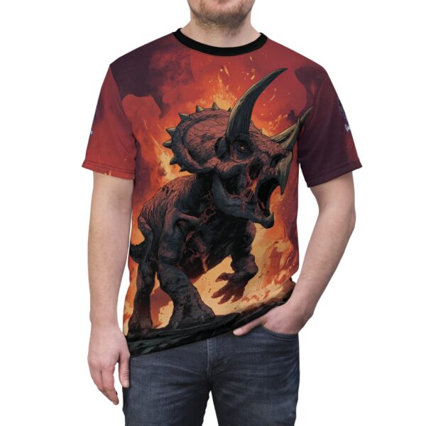 Zombie Triceratops In Volcanic Wasteland Tee Unisex (AOP) - Image 9