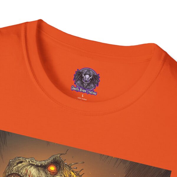 Zombie T-Rex Tyrannosaurus In Volcanic Wasteland Unisex T-Shirt - Image 15
