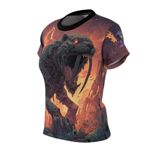 Zombie Smilodon Sabretooth Cat In Volcanic Wasteland Tee Women's (AOP) - Image 6