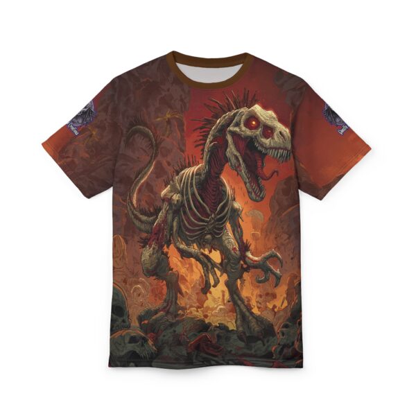 Zombie Raptor Velociraptor In Volcanic Wasteland Tee Unisex (AOP) - Image 6