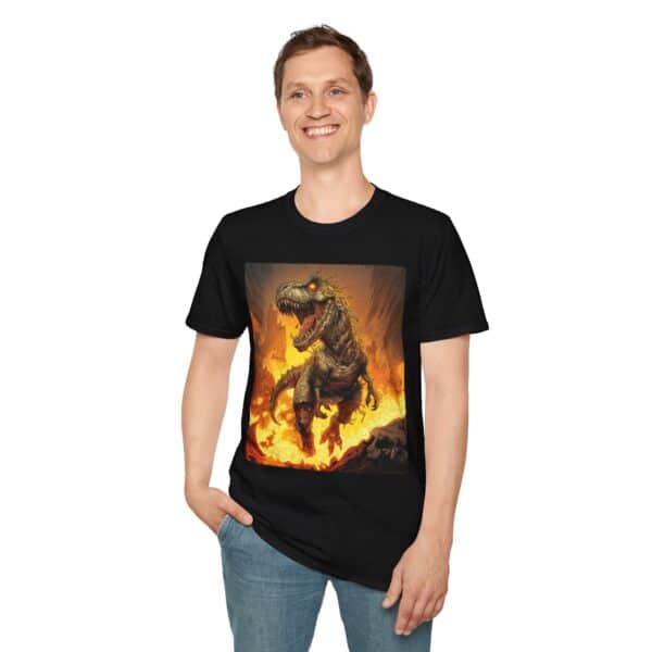 Zombie T-Rex Tyrannosaurus In Volcanic Wasteland Unisex T-Shirt - Image 6