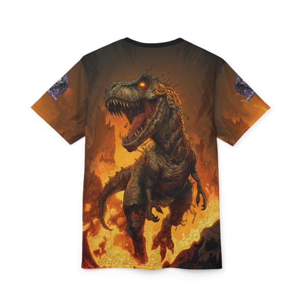 Zombie T-Rex Tyrannosaurus In Volcanic Wasteland Tee Unisex (AOP) - Image 8