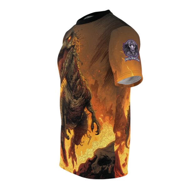 Zombie T-Rex Tyrannosaurus In Volcanic Wasteland Tee Unisex (AOP) - Image 3