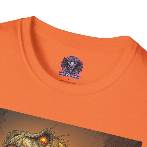 Zombie T-Rex Tyrannosaurus In Volcanic Wasteland Unisex T-Shirt - Image 11