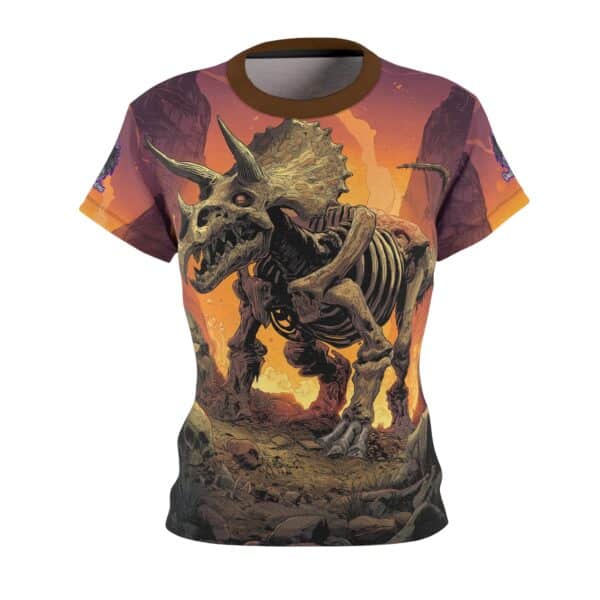 Skeletal Zombie Triceratops In Volcanic Wasteland Tee Women's (AOP) - Image 5
