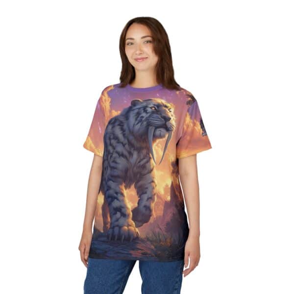 Prehistoric Smilodon aka Sabre-Tooth Tiger VI Unisex Tee (AOP) - Image 11