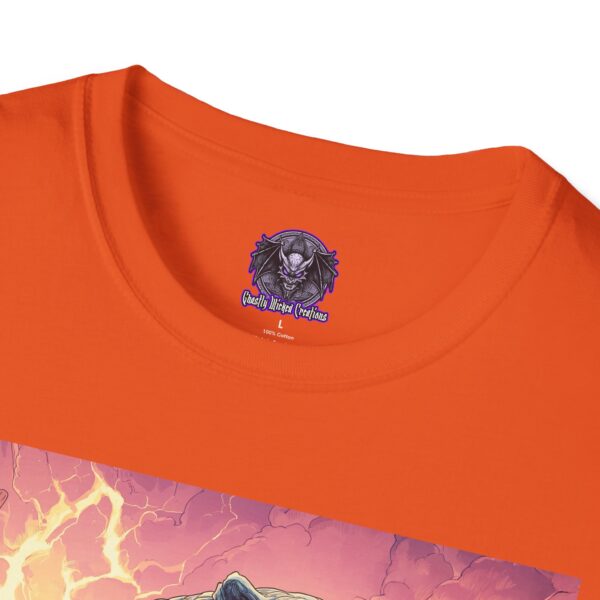 Zombie Smilodon Sabretooth Cat In Volcanic Wasteland Unisex T-Shirt - Image 15