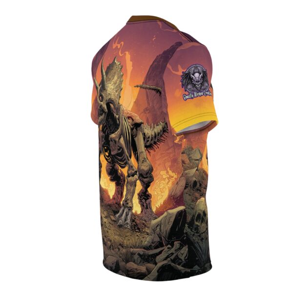 Skeletal Zombie Triceratops In Volcanic Wasteland Tee Unisex (AOP) - Image 15
