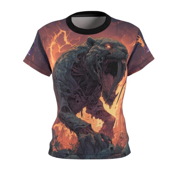 Zombie Smilodon Sabretooth Cat In Volcanic Wasteland Tee Women's (AOP) - Image 5