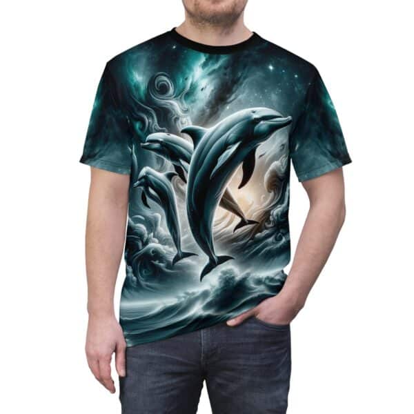 Dolphins Jumping WD-D007 By Wyldesigns Unisex Cut & Sew Tee (AOP) - Image 5