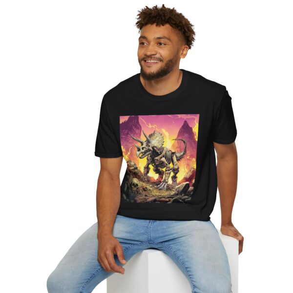 Skeletal Zombie Triceratops In Volcanic Wasteland Unisex T-Shirt - Image 5