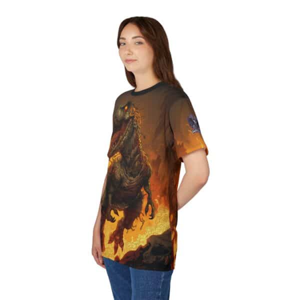 Zombie T-Rex Tyrannosaurus In Volcanic Wasteland Tee Unisex (AOP) - Image 18