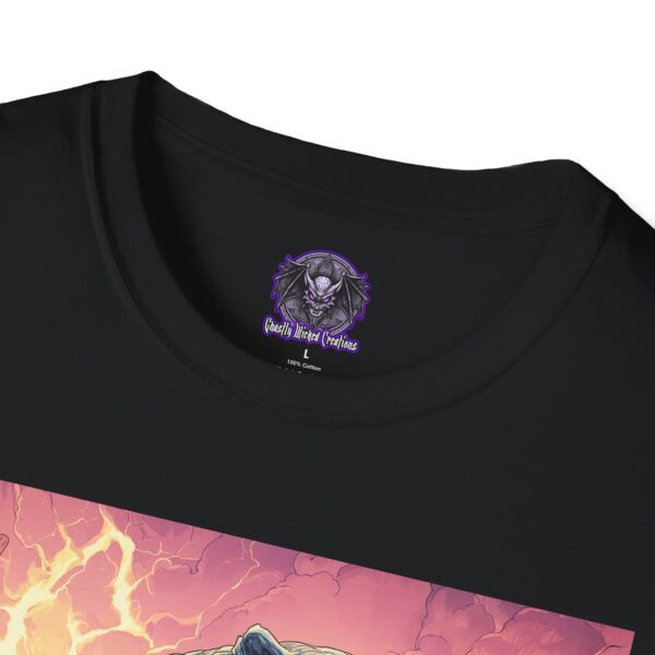 Zombie Smilodon Sabretooth Cat In Volcanic Wasteland Unisex T-Shirt - Image 3