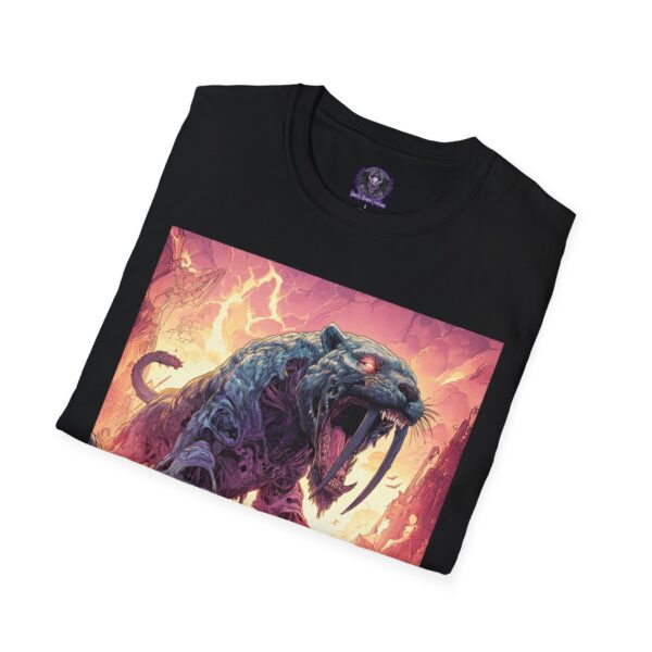 Zombie Smilodon Sabretooth Cat In Volcanic Wasteland Unisex T-Shirt - Image 4