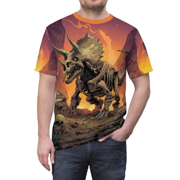Skeletal Zombie Triceratops In Volcanic Wasteland Tee Unisex (AOP) - Image 26