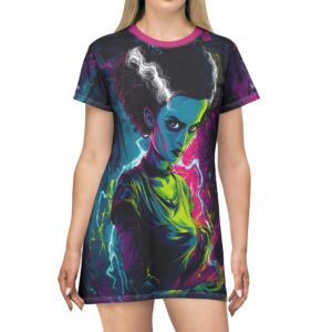 Bride Of Frankenstein Pop 60’s Art Style Gothic Vibe T-Shirt Dress, Colorful Casual Wear, Unique Party Outfit, Gift for Halloween, Trendy Fashion for Superfans