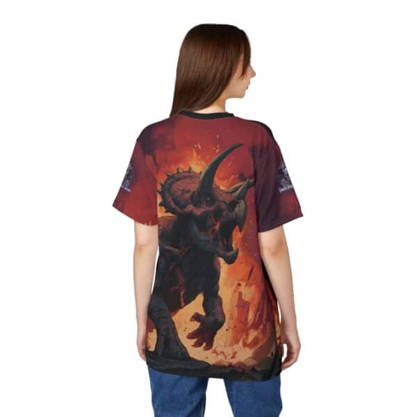 Zombie Triceratops In Volcanic Wasteland Tee Unisex (AOP) - Image 14