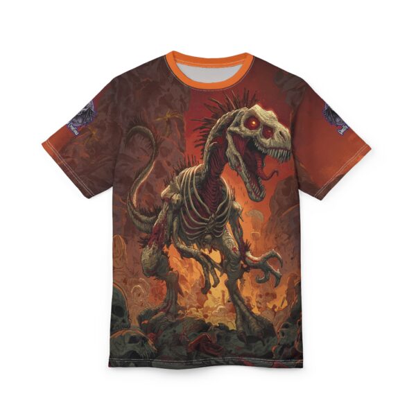 Zombie Raptor Velociraptor In Volcanic Wasteland Tee Unisex (AOP) - Image 29
