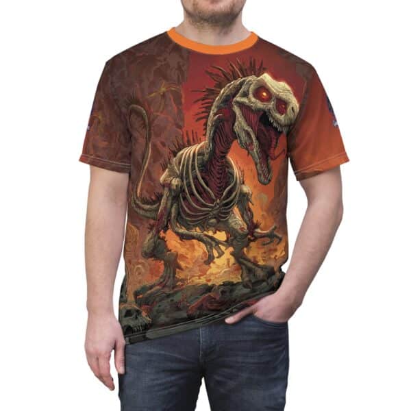 Zombie Raptor Velociraptor In Volcanic Wasteland Tee Unisex (AOP) - Image 26